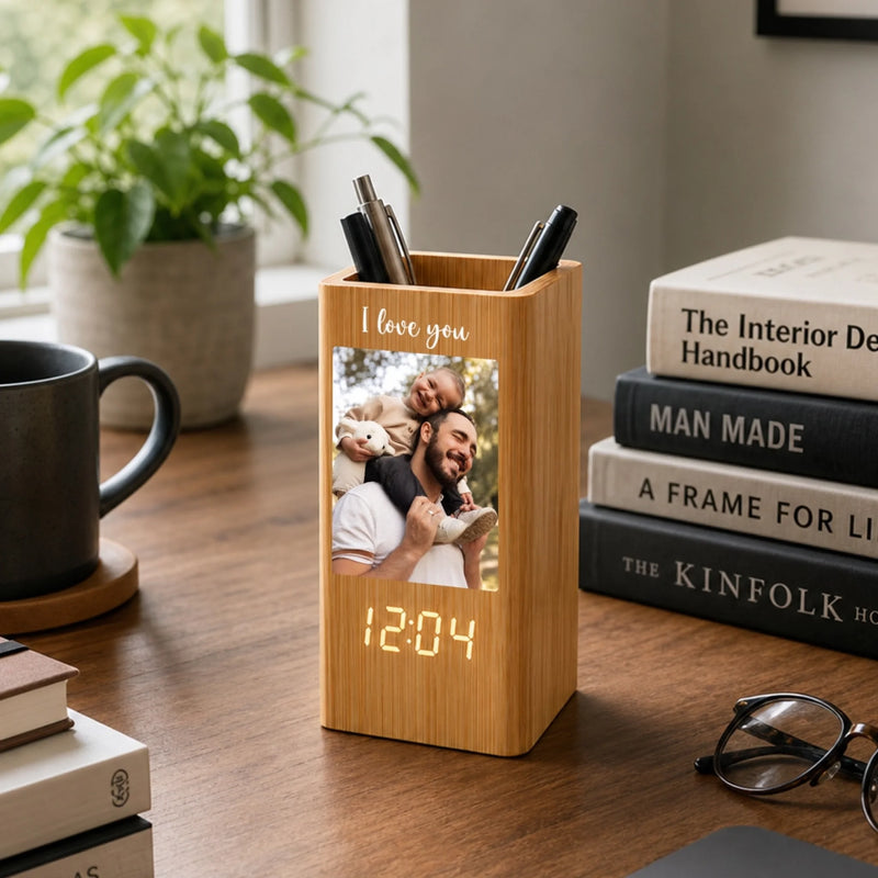 Custom Photo Pen Holder With Clock – Personalized Father's Day Birthday Gifts For Dad, Grandpa – Loved Guided And Inspired By Dad