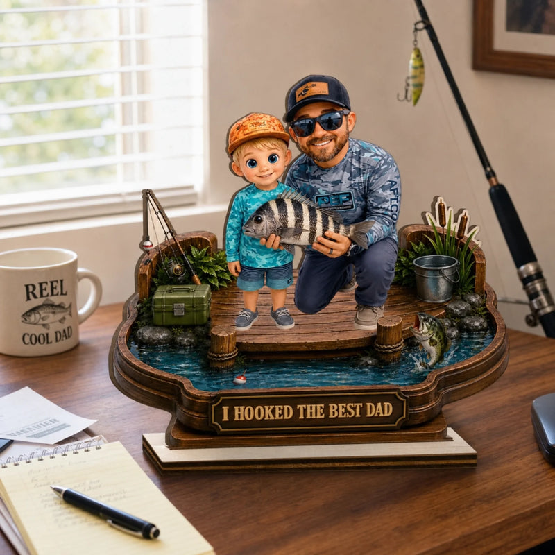 Custom Photo 2-Layered Wooden Plaque - Personalized Father's Day Fishing Gifts For Fisherman, Dad, Grandpa - Hooked On Family Time