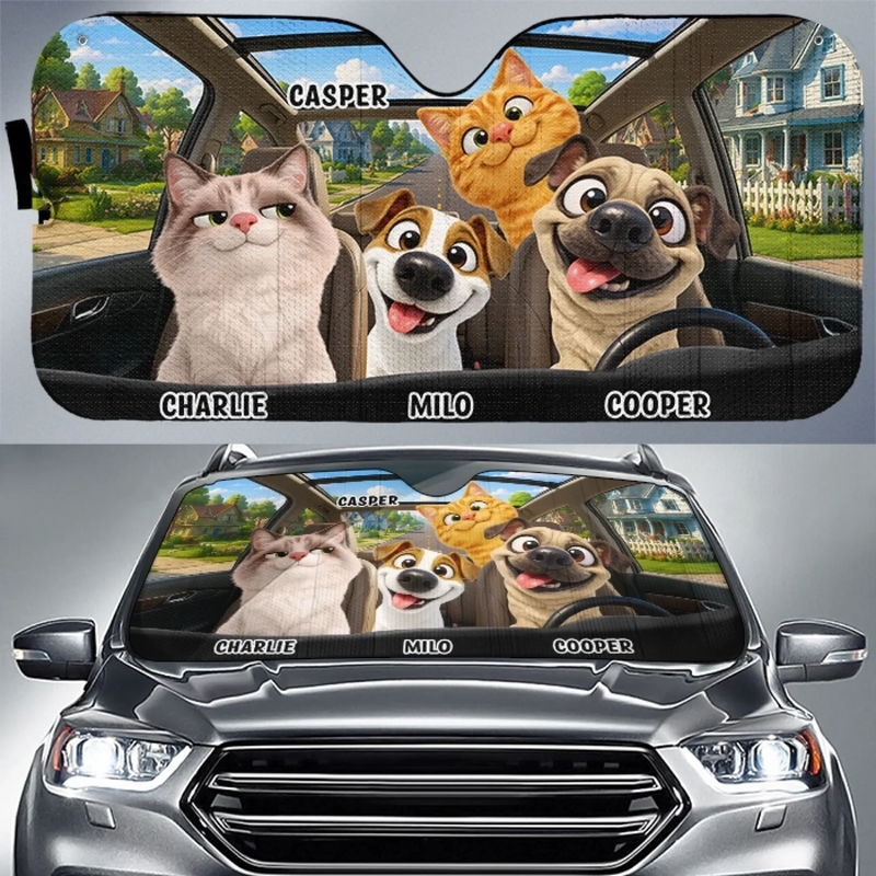 Custom Auto Windshield Sunshade, Car Window Protector - Personalized Birthday Gifts For Dog Cat Lovers, Dog Dad And Mom, Cat Owners - Where Paws Go, Joy Follows
