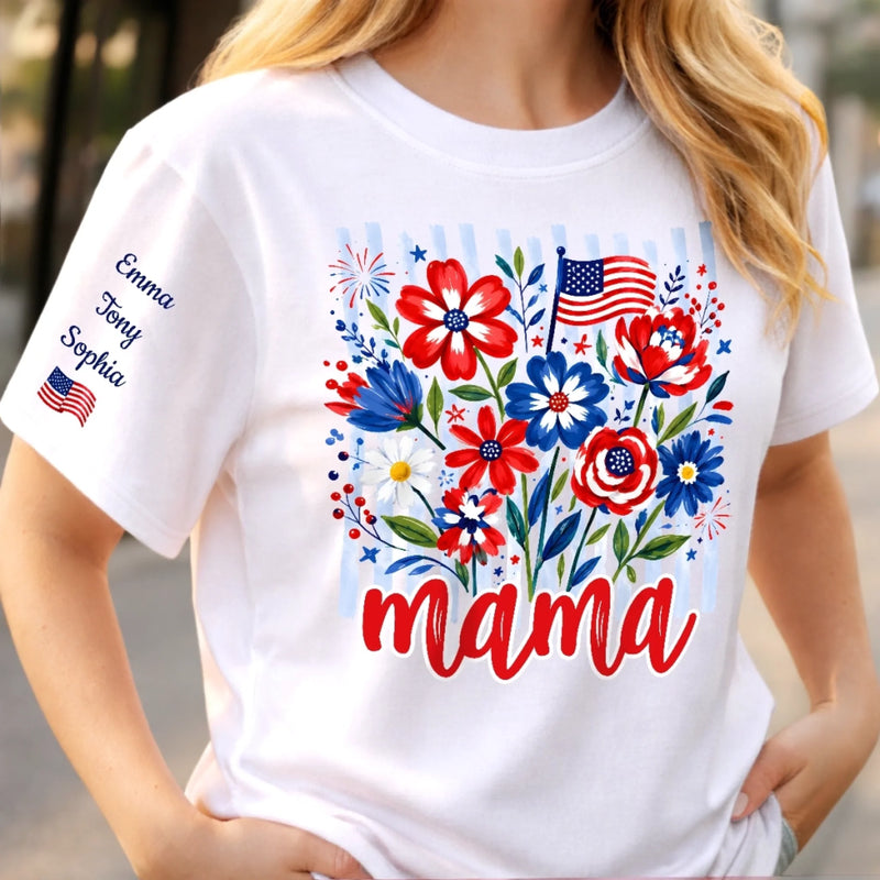 Custom Unisex T-Shirt With Design On Sleeve - Personalized 4th Of July Gifts For Mom, Grandma - Red, White And Blooming Love
