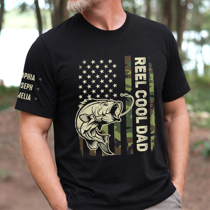 Custom Unisex T-Shirt With Design On Sleeve - Personalized Father's Day Fishing Gifts For Fisherman, Dad, Grandpa - Best Dad In The Reel World