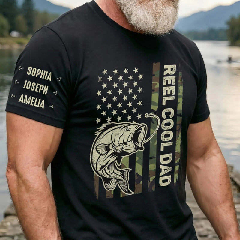 Custom Unisex T-Shirt With Design On Sleeve - Personalized Father's Day Fishing Gifts For Fisherman, Dad, Grandpa - Best Dad In The Reel World