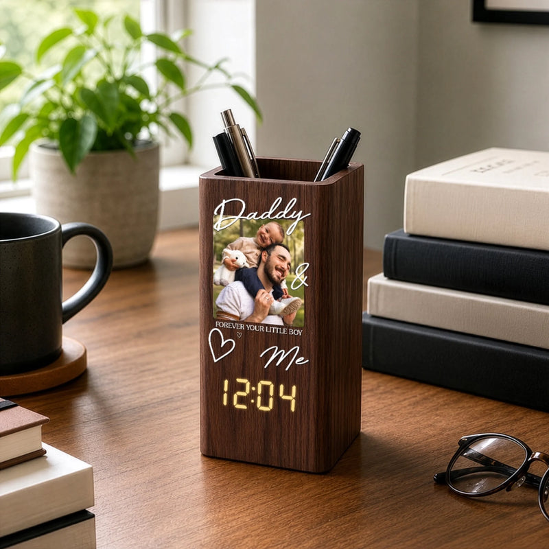 Custom Photo Pen Holder With Clock - Personalized Father's Day Birthday Gifts For Dad, Grandpa - Dad Makes Everything Better