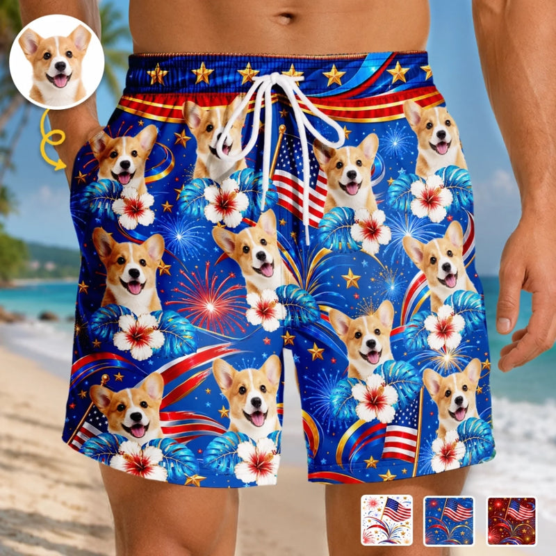 Custom Photo Tropical Hawaiian Aloha Men Beach Shorts - Personalized Summer Vacation And Travel Gifts For Dog Cat Lovers, Dog Dad And Mom, Cat Owners - Patriotic Pup Paradise