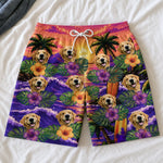 Custom Photo Funny Caricature Tropical Hawaiian Aloha Men Beach Shorts - Personalized Summer Vacation And Travel Gifts For Dog Lovers, Dad, Mom - Palm Trees And Puppy Breeze