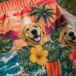 Custom Photo Funny Caricature Tropical Hawaiian Aloha Men Beach Shorts - Personalized Summer Vacation And Travel Gifts For Dog Lovers, Dad, Mom - Palm Trees And Puppy Breeze