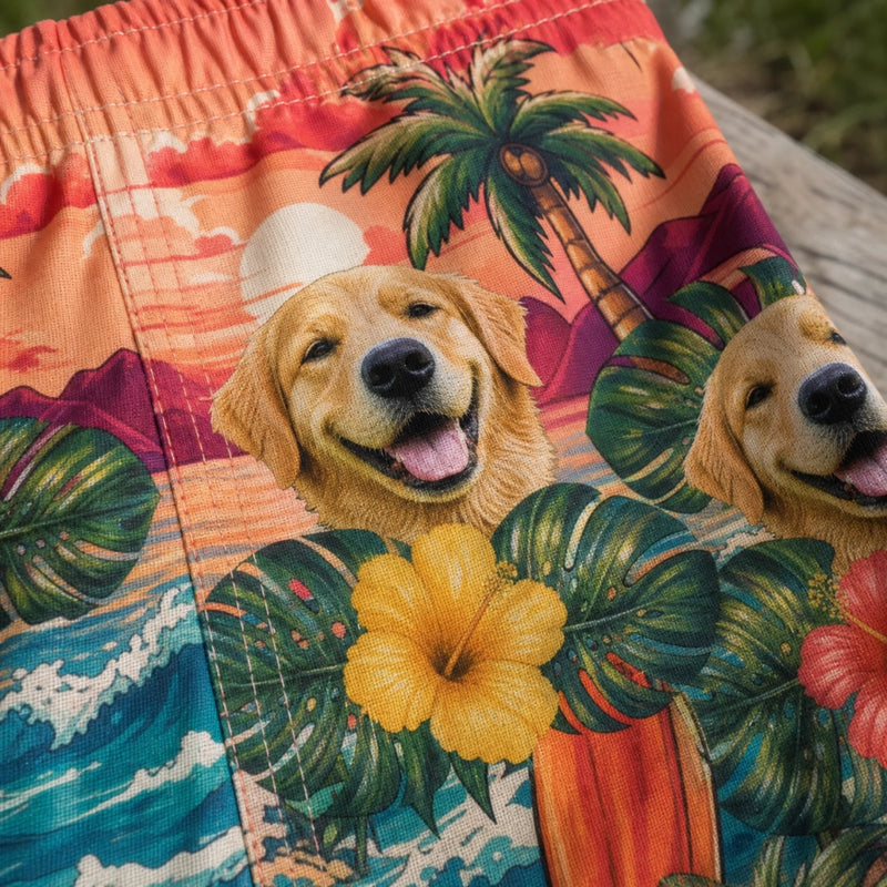 Custom Photo Funny Caricature Tropical Hawaiian Aloha Men Beach Shorts - Personalized Summer Vacation And Travel Gifts For Dog Lovers, Dad, Mom - Palm Trees And Puppy Breeze