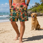 Custom Photo Funny Caricature Tropical Hawaiian Aloha Men Beach Shorts - Personalized Summer Vacation And Travel Gifts For Dog Lovers, Dad, Mom - Palm Trees And Puppy Breeze