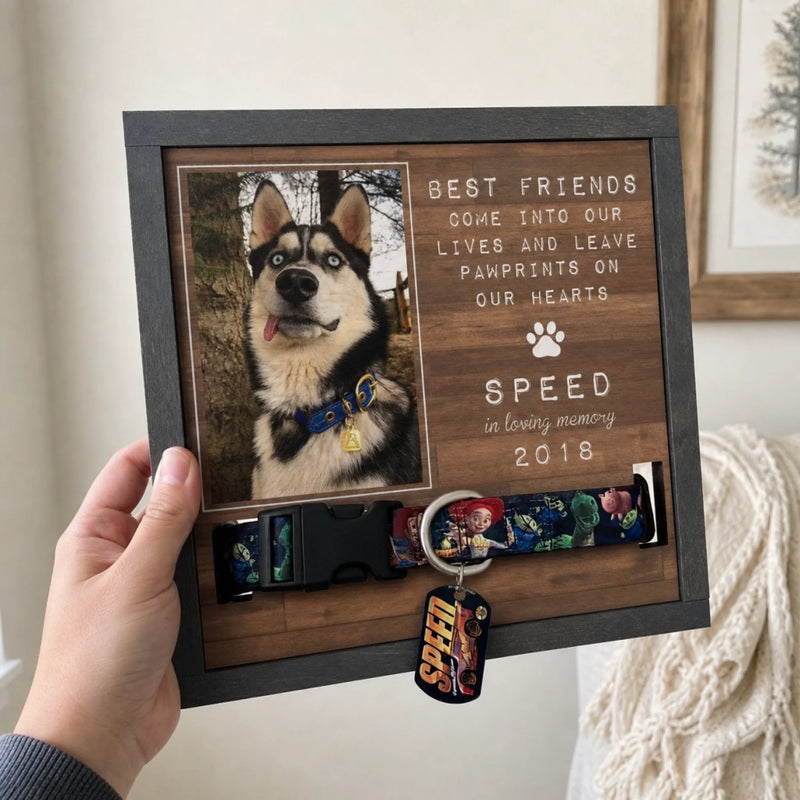 Custom Photo Pet Loss Sign, Collar Frame - Personalized Pet Memorial Sympathy Gifts For Dogs, Cats - Run Free Over Rainbow Bridge