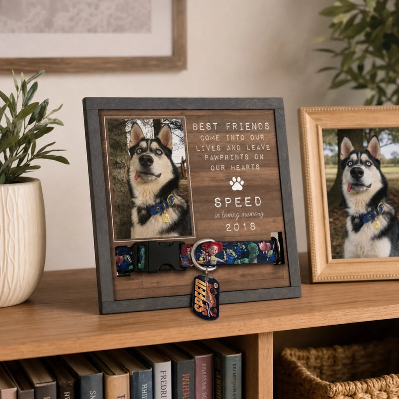 Custom Photo Pet Loss Sign, Collar Frame - Personalized Pet Memorial Sympathy Gifts For Dogs, Cats - Run Free Over Rainbow Bridge