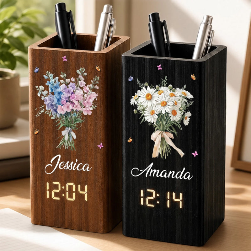 Custom Pen Holder With Clock - Personalized Best Friend Birthday Gifts For Women, Besties, Sisters, BFF - Growing Happiness Day By Day