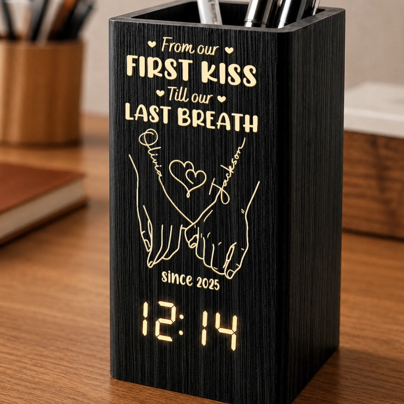 Custom Pen Holder With Clock - Personalized Anniversary Wedding Gifts For Husband And Wife, Him And Her - A Pinky Promise For Life