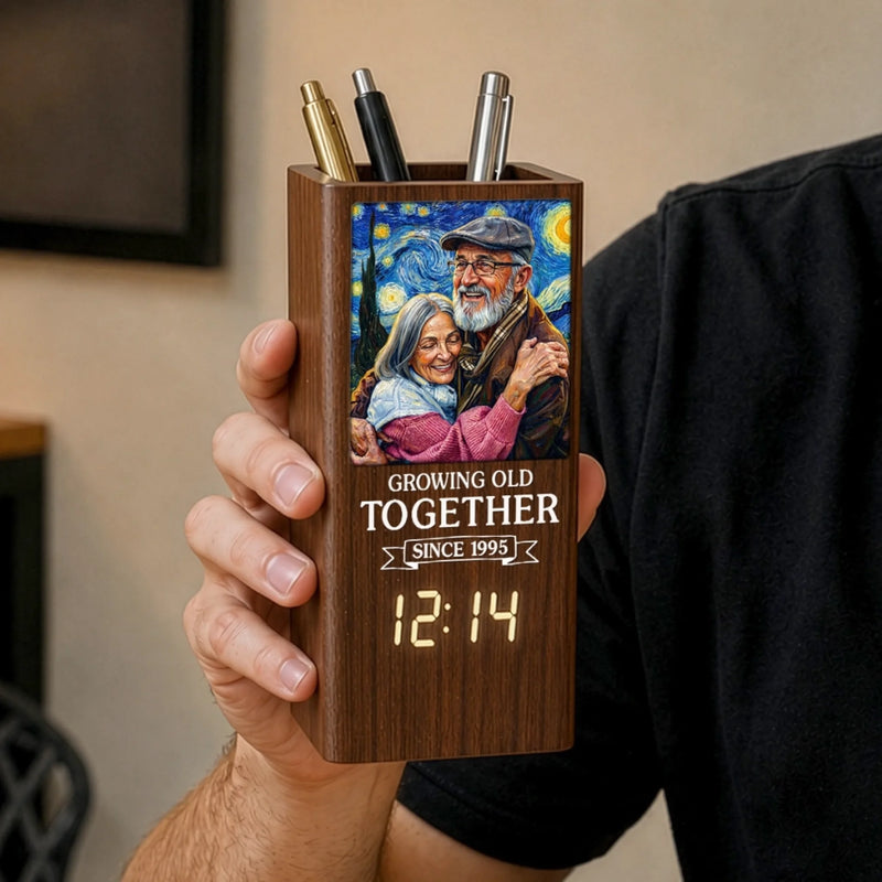 Custom Photo Pen Holder With Clock - Personalized Anniversary Wedding Gifts For Husband And Wife, Him And Her - Loving You Through Every Second