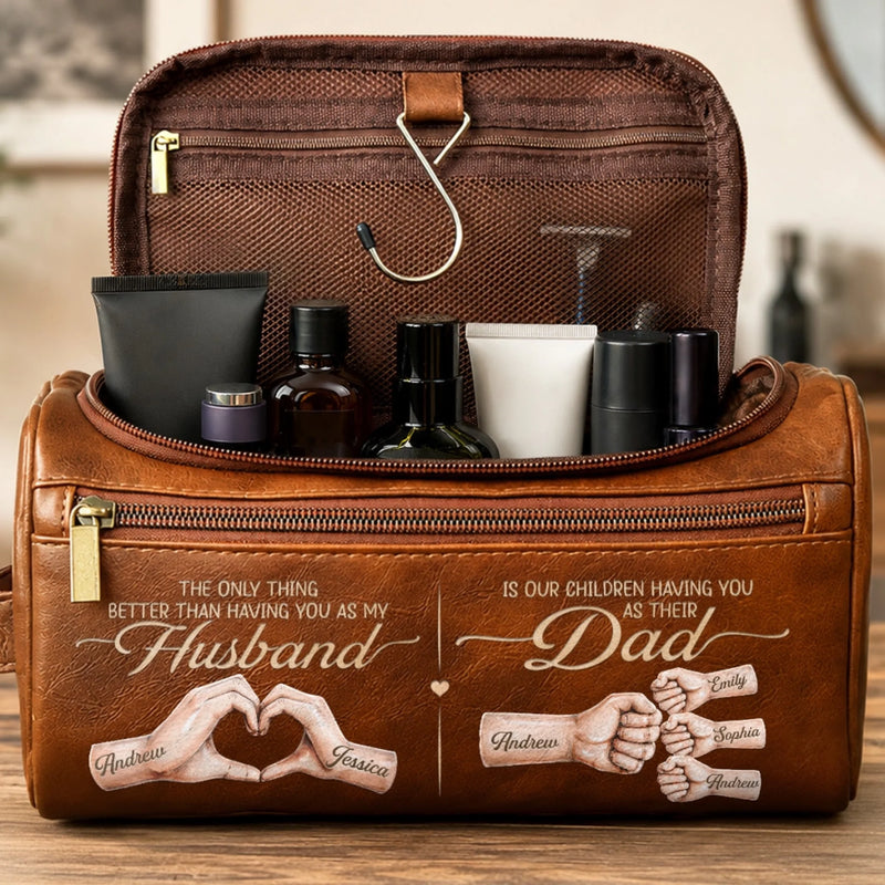 Custom Leather Toiletry Bag - Personalized Father's Day Birthday Gifts For Dad, Grandpa, Husband - Dad Makes Every Moment Better