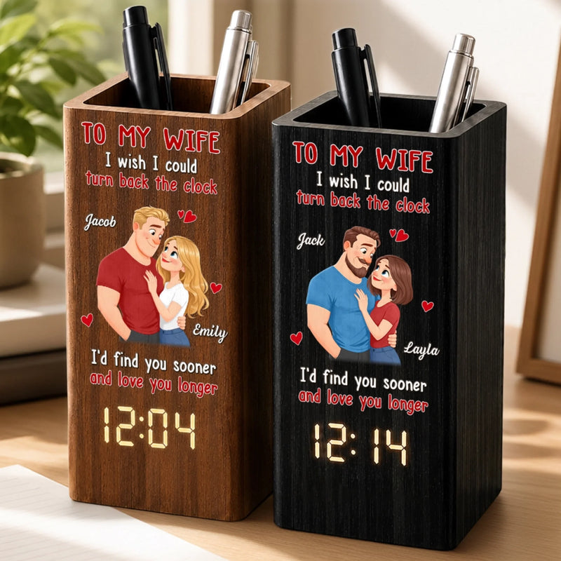 Custom Pen Holder With Clock - Personalized Anniversary Wedding Gifts For Husband And Wife, Him And Her - I'd Choose You Again And Again