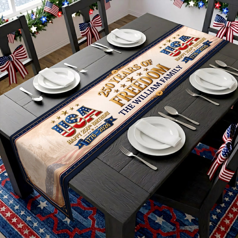 Custom Table Runner - Personalized America 250th Anniversary Gifts For Mom, Dad, Brother, Sister, Kids - Proud Hearts Rise High
