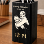 Custom Photo Pen Holder With Clock - Personalized Anniversary Wedding Gifts For Husband And Wife, Him And Her - Captured Moments, Timeless Love