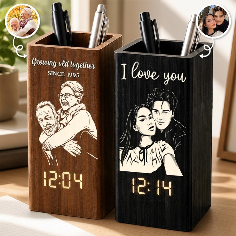 Custom Photo Pen Holder With Clock - Personalized Anniversary Wedding Gifts For Husband And Wife, Him And Her - Captured Moments, Timeless Love