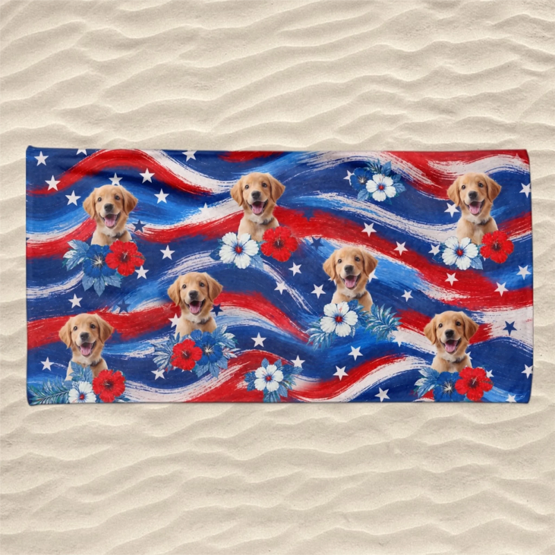 Custom Photo Beach Towel - Personalized 4th Of July, Summer Vacation And Travel Gifts For Dog Lovers, Dog Dad, Dog Mom - Pawtriotic Summer Vibes