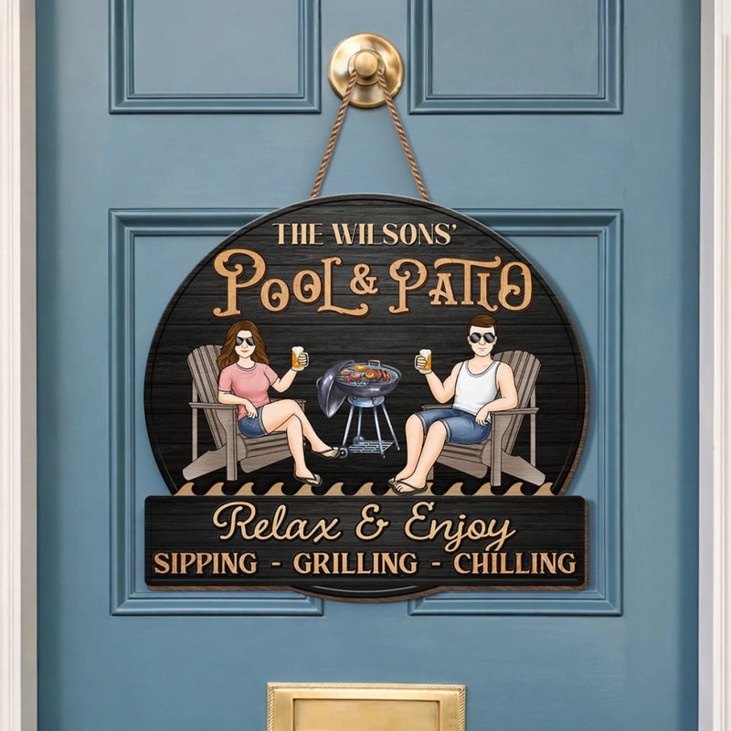 Custom Home Decor Wood Sign - Personalized Anniversary Wedding Gifts For Couple, Husband, Wife - Just A Couple, Pool & Patio Sipping Chilling