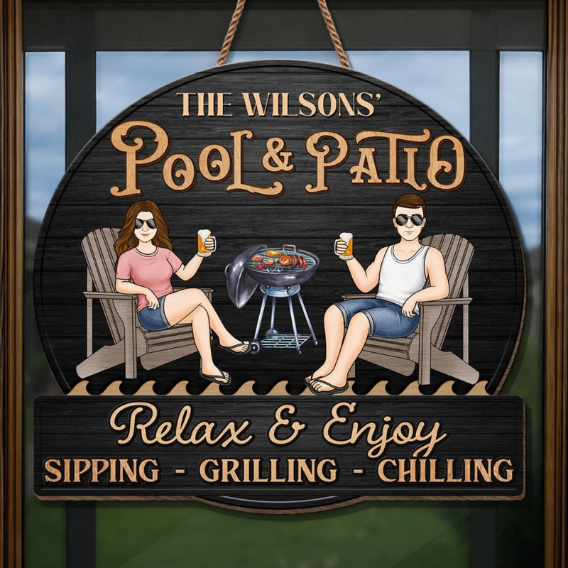 Custom Home Decor Wood Sign - Personalized Anniversary Wedding Gifts For Couple, Husband, Wife - Just A Couple, Pool & Patio Sipping Chilling