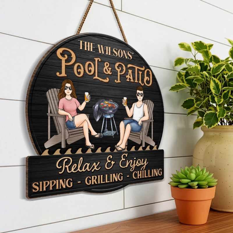 Custom Home Decor Wood Sign - Personalized Anniversary Wedding Gifts For Couple, Husband, Wife - Just A Couple, Pool & Patio Sipping Chilling