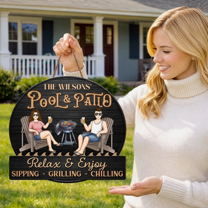 Custom Home Decor Wood Sign - Personalized Anniversary Wedding Gifts For Couple, Husband, Wife - Just A Couple, Pool & Patio Sipping Chilling