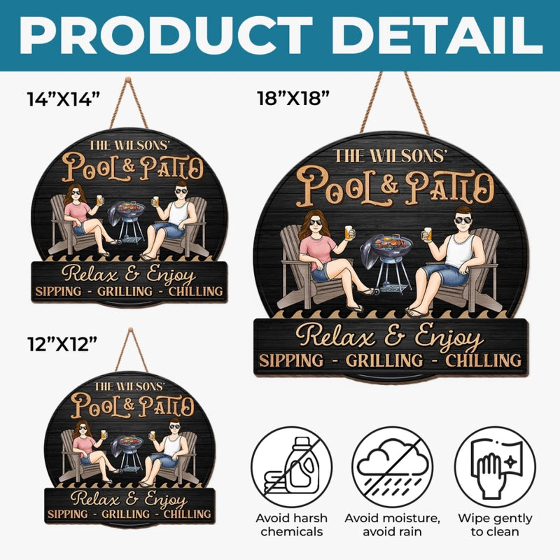 Custom Home Decor Wood Sign - Personalized Anniversary Wedding Gifts For Couple, Husband, Wife - Just A Couple, Pool & Patio Sipping Chilling