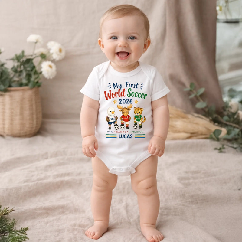 Custom World Football Baby Onesie - Personalized Baby Shower, Gender Reveal Gifts For Football Lovers, New Moms, New Dads - My First Champion Cup