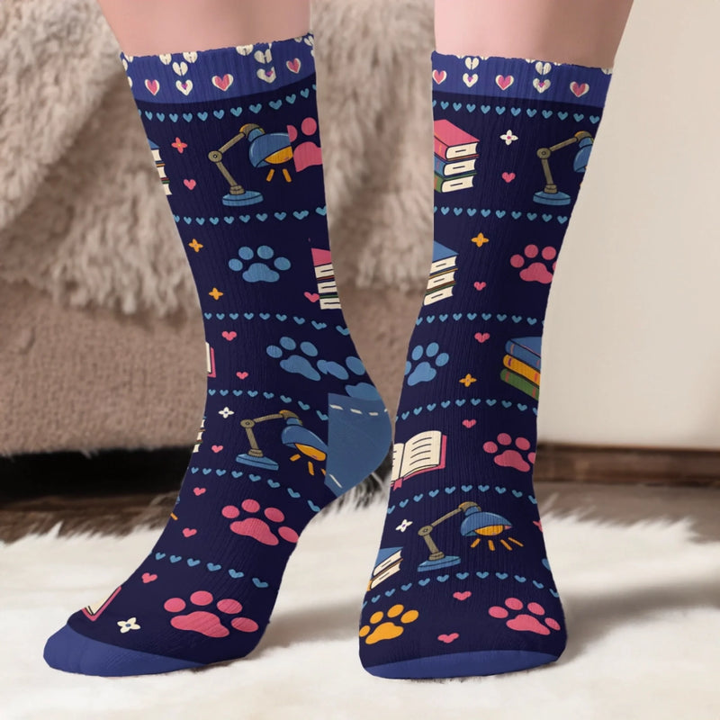Custom Crew Socks - Personalized Bookish Gifts For Book Lovers, Bookworms, Readers, Dog Lovers, Dog Mom - Read More, Worry Less