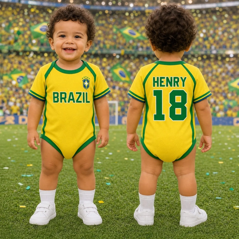 Custom Brazil World Football Baby Jersey Bodysuit
 - Personalized Baby Shower, Gender Reveal Gifts For New Moms, New Dads, Football Lovers - My First Football Jersey