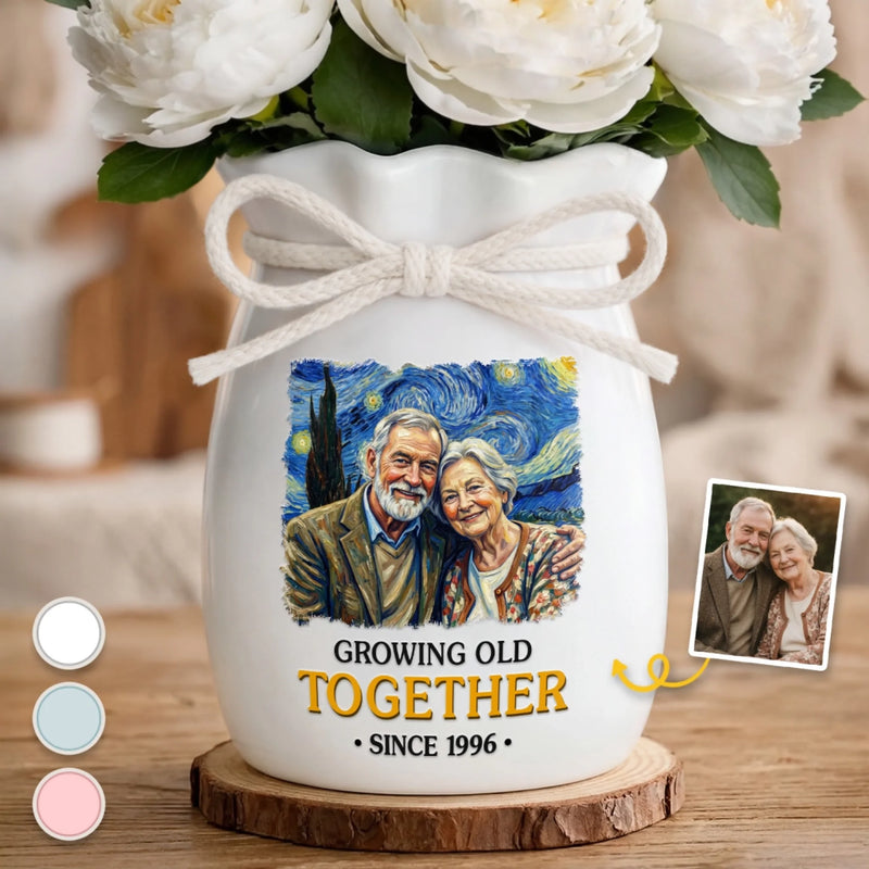 Custom Photo Flower Vase With Ribbon - Personalized  Anniversary Wedding Gifts For Husband And Wife, Him And Her - Partners In Love And Wrinkles