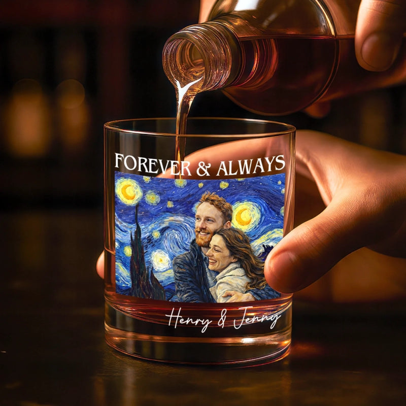 Custom Photo Whiskey Glass - Personalized Anniversary Wedding Gifts For Husband And Wife, Him And Her - Forever And Always
