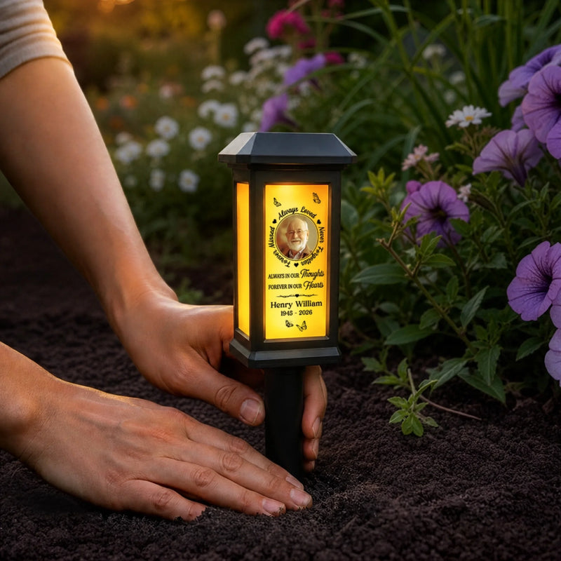 Custom Photo Solar Garden Light - Personalized Memorial Sympathy Gifts For Loss Of Mom, Dad - Forever In Our Hearts