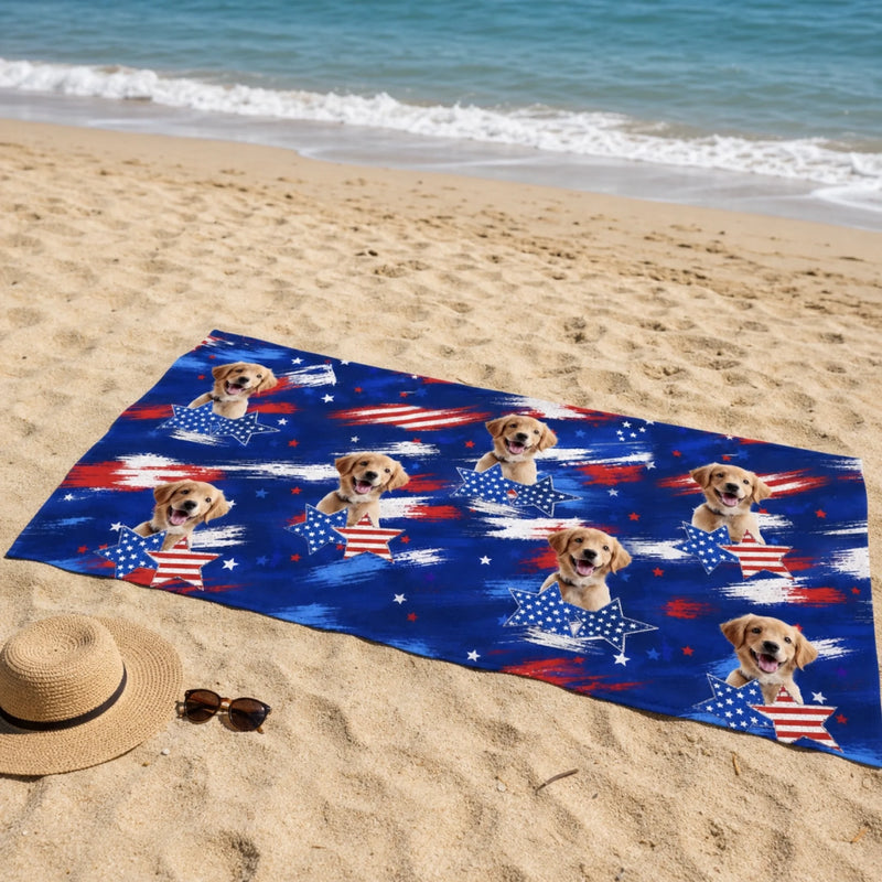 Custom Photo Beach Towel - Personalized 4th Of July, Summer Vacation And Travel Gifts For Dog Lovers, Dog Dad, Dog Mom - Pawtriotic Summer Vibes
