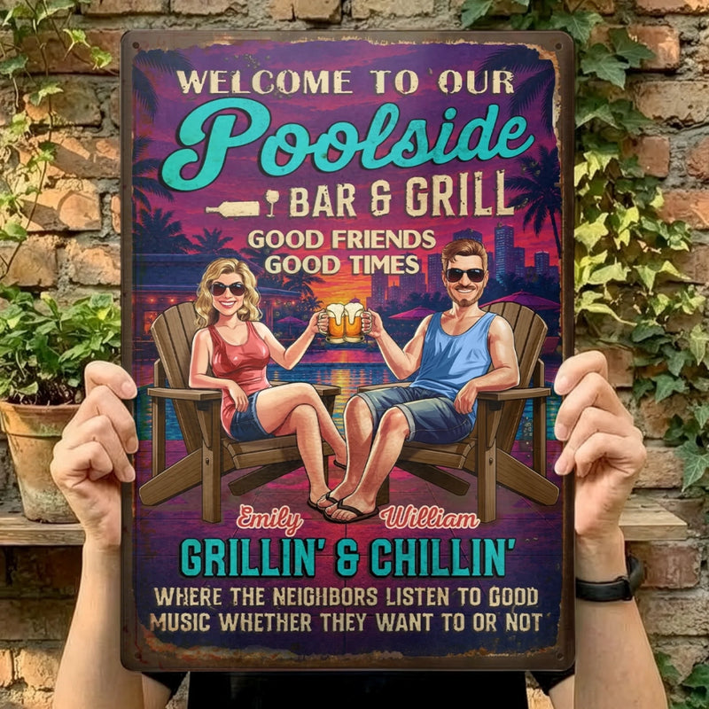 Custom Home Decor Poolside Metal Sign - Personalized Summer Vacation And Travel Gifts For Husband And Wife, Him And Her - Naval Home Sweet Home