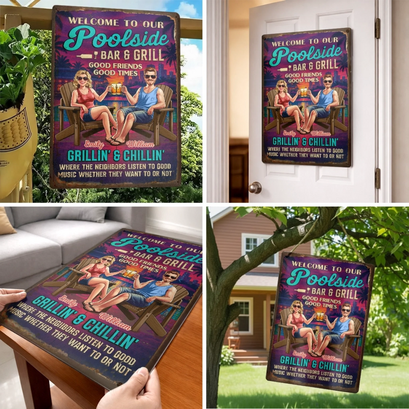 Custom Home Decor Poolside Metal Sign - Personalized Summer Vacation And Travel Gifts For Husband And Wife, Him And Her - Naval Home Sweet Home