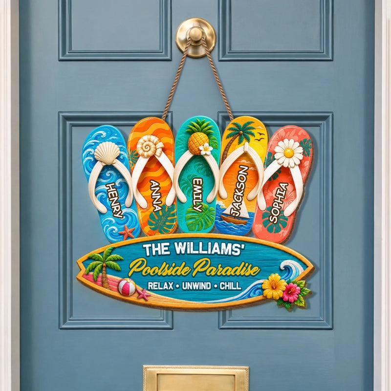 Custom Poolside Wood Sign - Personalized Summer Vacation And Travel Gifts For Mom, Dad, Brother, Sister, Kids - Family Time