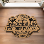 Custom Poolside Shaped Doormat - Personalized Summer Vacation And Travel Gifts For Mom, Dad, Brother, Sister, Kids - Welcome To Our Happy Place