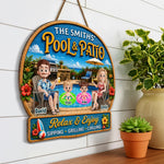 Custom Poolside Wood Sign - Personalized Summer Vacation And Travel Gifts For Mom, Dad, Kids - Pool Time Together