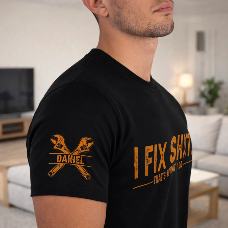 Custom Mechanic Unisex T-Shirt With Design On Sleeve - Personalized Birthday Gifts For Men, Dad, Grandpa, Husband - Built To Fix