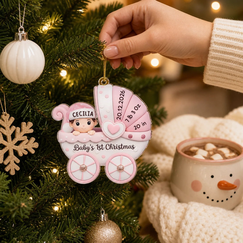 Custom Acrylic Ornament - Personalized Christmas Baby Shower, Gender Reveal Gifts For New Moms, New Dads, New Parents - Baby’s First Christmas Joyride