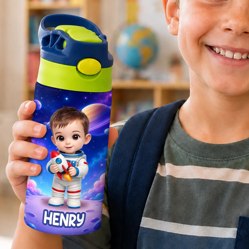 Custom Photo Kids Insulated Water Bottle - Personalized Back To School Gifts For Kids - Ready To Explore Space