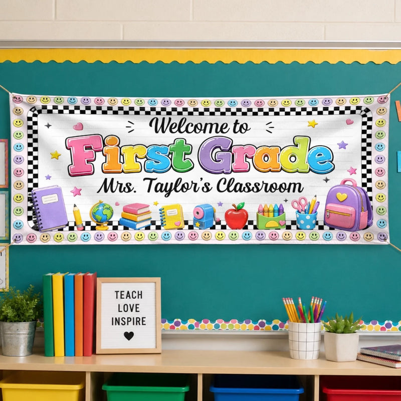 Custom Classroom Decor Banner - Personalized Back To School Gifts For Teachers - Bright Smiles, Bright Minds Here