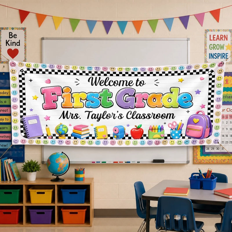 Custom Classroom Decor Banner - Personalized Back To School Gifts For Teachers - Bright Smiles, Bright Minds Here