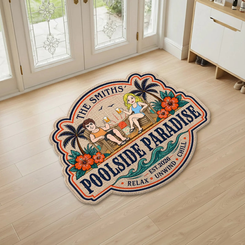 Custom Poolside Shaped Doormat - Personalized Summer Vacation And Travel Gifts For Husband And Wife, Him And Her - Our Happy Place By The Pool