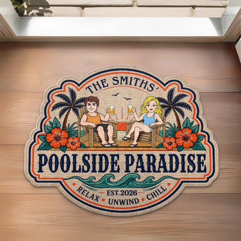 Custom Poolside Shaped Doormat - Personalized Summer Vacation And Travel Gifts For Husband And Wife, Him And Her - Our Happy Place By The Pool