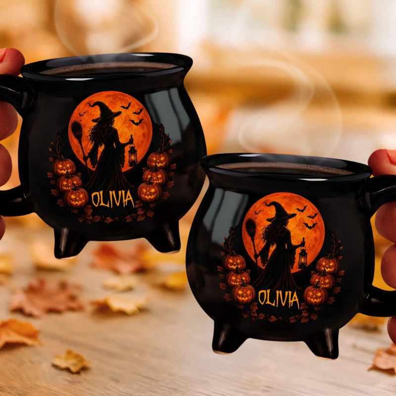 Custom 12oz Ceramic Cauldron Coffee Mug - Personalized Halloween Witchy Gifts For Wife, Daughter, Besties, Sisters, Granddaughter, Grandma, Mom, Yourself - Spells & Smiles