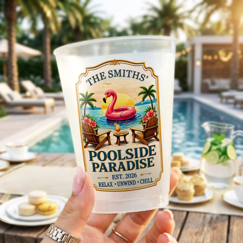 Custom Poolside Party Cups - Personalized Summer Vacation And Travel Gifts For Mom, Dad, Brother, Sister - Party Like A Flamingo