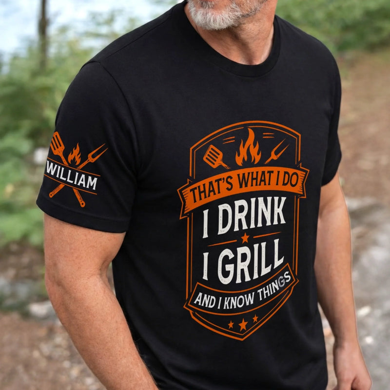Custom BBQ Unisex T-Shirt With Design On Sleeve - Personalized Grilling Gifts For BBQ Lovers, Husband, Son, Grandson, Brother, Grandpa, Dad, Yourself - Grill Master Mode